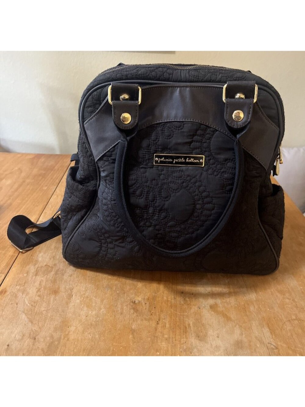 Petunia Pickle Bottom Black Quilted Satchel with Gold Hardware